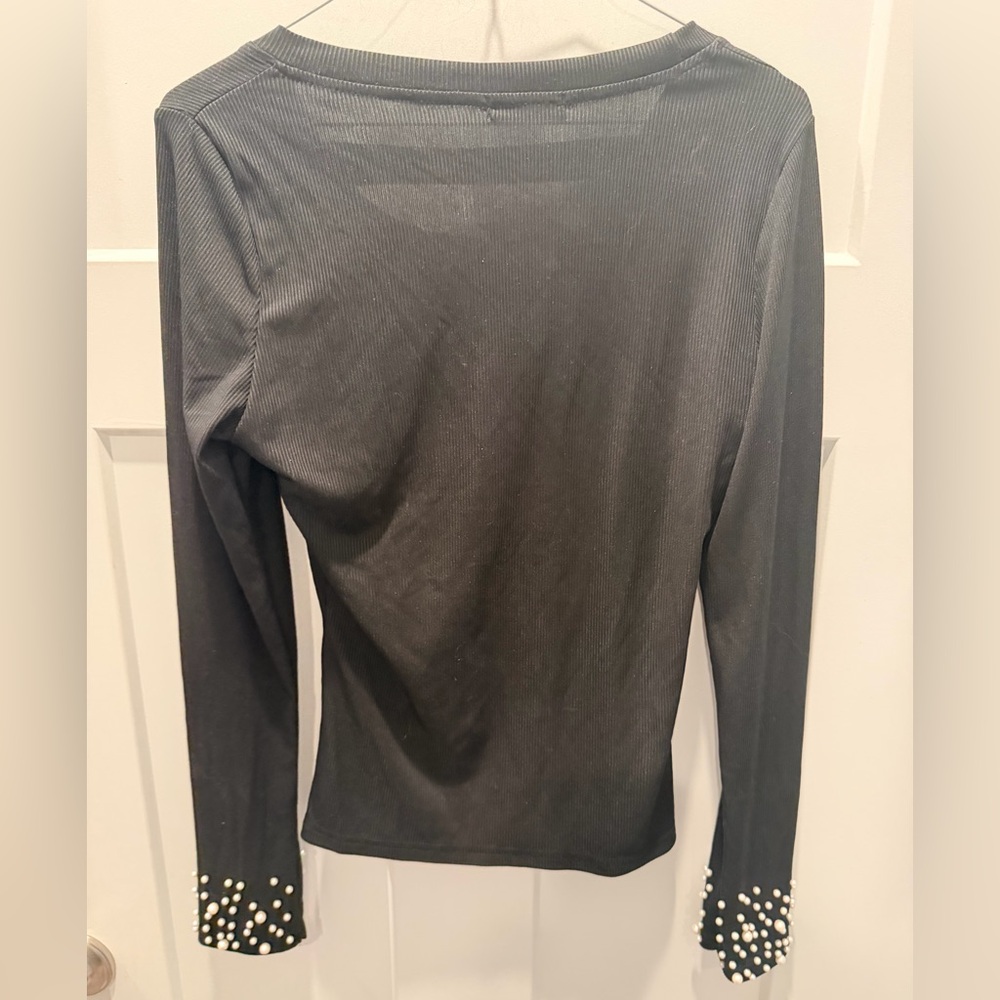 Chicme Black Ribbed Pearl Stud Long Sleeve Top Womens Medium Embellished Shirt - Picture 5 of 10